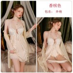 Guiruo Sexy Satin Lace Lace Lace Deep V Chest Cushion Gather Temptation Sleeping Dress Mesh Outer Robe Home Set 3209