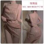 Guiruo Fun Lingerie Sexy Low Cut V-Neck Chain Cross Backless Fit Sling Strap Mesh Sleeping Dress Set 3667