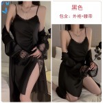 Ruo Ruo Satin Surface with Chest Cushion Sexy High Split Pleated Waist Shrinking Pure Desire Sleeping Dress Outer Robe Home Set 3156