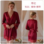 Ruo Ruo Lazy Wind Satin Lace Open Deep V Temptation Lace Comfortable Slim Fit Women's Homewear Nightgown 19183