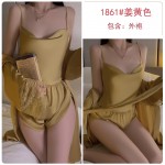 Guiruo Sexy Pajamas Women's Summer New Home Fur Ice Silk Pure Desire Sling Shorts Mesh Outer Robe Set 3588