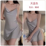 Guiruo Sexy Backless Temptation Ice Silk Pajamas Simple Sling Sleeping Dress Lace up Outer Robe Women's Home Furnishing Set 1910