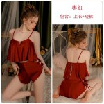 Guiruo Summer New Satin Open Back Lace Up Loose Top Sexy Lace up Temptation Shorts Two Piece Set 3383