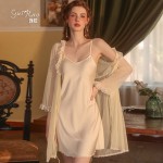 Guiruo Sexy Satin Deep V Private Sleeping Dress Solid Loose Mesh Perspective Outer Robe Women's Home Furnishing Set 2369