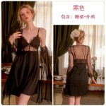 Ruo Ruo Satin Seduction Deep V Dew Breast and Chest Cushion Gathered Strap Sleeping Dress Comfortable Outer Robe Home Suit Set P2722