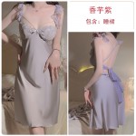 Guiruo Satin Sexy Deep V with Chest Cushion Lace up Open Back Temptation Sleeping Dress Comfortable Outer Robe Home Suit Set J3336