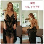 Guiruo Sexy Deep V Lace Perspective Temptation Open Back Split Embroidery Hanging Strap Nightgown Homewear Set 311