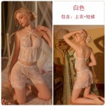 Guiruo Fun Underwear Mesh Open Back Hollow Top Lace Perspective Shorts Women's Two Piece Uniform Set 433