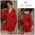 Guiruo Spring/Summer New Women's Imitation Silk Sexy Deep V Mesh Splice Split Sleeping Robe Bathrobe Home Furnishing 882