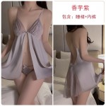 Ruo Ruo Spring/Summer Sexy Backless Temptation Ice Silk Pajamas Solid Color Mesh Perspective Sling Dress Home Suit Set 2661