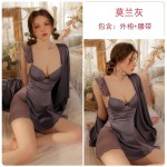 Guiruo Sexy Sweet Deep V Chest Cushion Steel Ring Gathering Satin Mesh Perspective Backless Home Sleeping Dress Set P3119