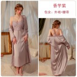 Guiruo Sexy Long Solid Color Comfortable Pajamas with Chest Pads Gathered Strap Skirt Outer Robe Home Suit Set j2593