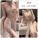 Guiruo Fun Lingerie Retro Perspective Belly Pocket Pure Desire Antique Style Long Sleeping Dress No Stripping temptation Uniform Set 3088