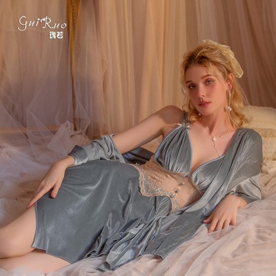 Guiruo Lace Perspective Temptation Solid Color Velvet Suspender Sleeping Dress Outer Robe with Chest Cushion Gather Home Fur Set 2815