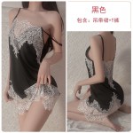 Guiruo Sexy Low cut Solid Lace Perspective Attractive Sweet Sleepwear Open Back Suspended Dress Home Suit Set 549