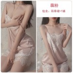 Guiruo Sexy Low cut Solid Lace Perspective Attractive Sweet Sleepwear Open Back Suspended Dress Home Suit Set 549