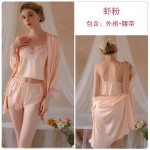 Guiruo Summer Sexy Ice Silk Splice Lace Suspender Top Shorts Outer Robe Women's Home Suit Set 19072