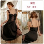 Guiruo Spring/Summer Sexy Long Style Pajamas Ice Silk Girl with Chest Cushion Suspended Sleeping Dress Women's Home Furnishing Set J3052