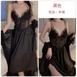 Guiruo Satin Deep V Lace Perspective and Chest Cushion Steel Ring Gathering Long Sleeping Dress, Outer Robe, Home Suit Set J2987