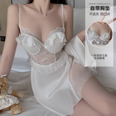 Guiruo Lingerie Satin Low Chest Gathered with Chest Pads Perspective Lace Combination Sleeping Dress Outer Robe Home Suit Set 3128