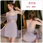 Guiruo Pure Desire V-neck Hollow Satin Lace Mesh Perspective and Chest Cushion Sleeping Skirt, Outer Robe, Home Suit Set 3124