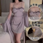 Guiruosi Smooth Satin Face with Chest Cushion Hollow out Temptation Sling Sleeping Dress Lazy Outer Robe Women's Home Set P3144