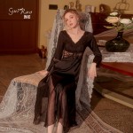 Guiruo Sexy Deep V Mesh Embroidery Lace Splice and Chest Pad Long Sleeping Dress Women's Home Furnishing Set J2809