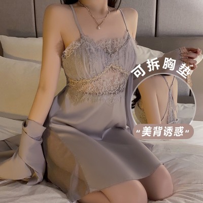 Guiruo French style private room ice silk pajamas with chest pads, gathered open slits, suspenders, pajamas, outerwear, home clothing set 3124