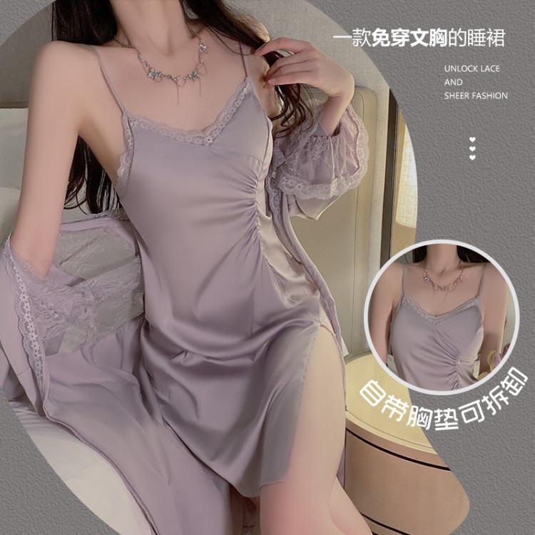 Ruo Ruo Satin Surface with Chest Cushion Sexy High Split Pleated Waist Shrinking Pure Desire Sleeping Dress Outer Robe Home Set 3156