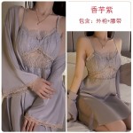 Ruo Ruo Sexy Lace Pure Desire Open Back with Chest Pads Gathered Ice Silk Pajamas Comfortable Outer Robe Home Suit Set 3124