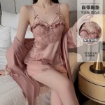 Guiruo Sexy Backless Temptation Ice Silk and Chest Cushion Steel Ring Gathering Sling Sleeping Dress Outer Robe Home Suit Set 2072