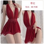 Guiruo Fun Underwear Deep V Open Front Sexy Open Back Perspective Mesh Skirt Hanging Neck Sleeping Dress Home Suit 630