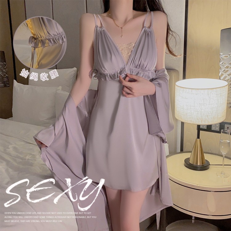 Guiruo Satin Deep V Perspective Lace Drawstring Waist Wrapped Private Room Sleeping Dress Simple Outer Robe Women's Home Furnishing Set 3210