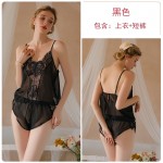 Guiruo Fun Lingerie Women's Chiffon Splice Lace Perspective Attractive Sexy Hot and Comfortable Two Piece Set 19973