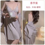 Rose Ruosi Smooth Satin Button Decoration Deep V Plus Chest Pads Perspective Temptation Sleeping Skirt Outer Robe Home Suit Set 3379