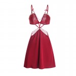 Guiruo Brand Sexy Satin Lace V-Neck with Chest Cushion Hollow Hanging Strap Sleeping Dress Outer Robe Home Suit Set 3431