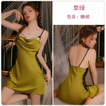 Guiruo New Sexy Lace Perspective Temptation Satin Swinging Neck Suspender Sleeping Dress Outrobe Women's Home Furnishing Set 3472