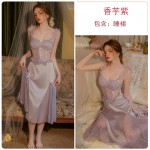 Guiruo Satin Face with Chest Pads, Perspective Lace Waist, Slim Slim Hanging Strap, Sleeping Dress, Mesh Outer Robe, Home Suit Set 3382