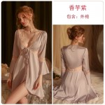 Guiruo Brand Sexy Deep V Breast Dew Attractive Cardigan Outer Robe Lace up Pajamas Women's Comfortable Home Suit Set 1713