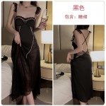 Guiruo Long Satin Face with Chest Cushion Low Chest Gathered Perspective Lace Sexy Open Back Strap Home Dresses Sleepwear 3388