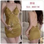 Ruo Ruo Sweet Lace Deep V with Chest Pads Sexy Open Back Silk Smooth Satin Nightgown Outer Robe Home Suit Set 1170