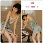 Guiruo Embroidery Sexy Skirt Temptation Charming Deep V-slit Sling Sleeping Dress Lace up Outer Robe Home Suit Set 766