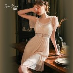 Guiruo Nightwear Sweetly Tied Bowknot Chest Pad Can Be Outworn with Pure Desire Wind Mesh Nightwear Dress Home Suit Set 2534