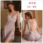 Guiruo Sexy Deep V Pure Lust Lace Ribbon Chest Cushion Casual Comfortable Sling Sleeping Dress Solid Color Home Suit Set 2621