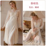 Guiruo New Long Ice Silk Pajamas Women's Court Style Long Sleeve Lace Perspective Pajama Dress Home Suit Set W2805