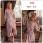 Guiruo Sexy Long Sleeping Dress French Deep V Split Silk Smooth Satin Face Waist Tie Up Dress Home Suit Set Q2796