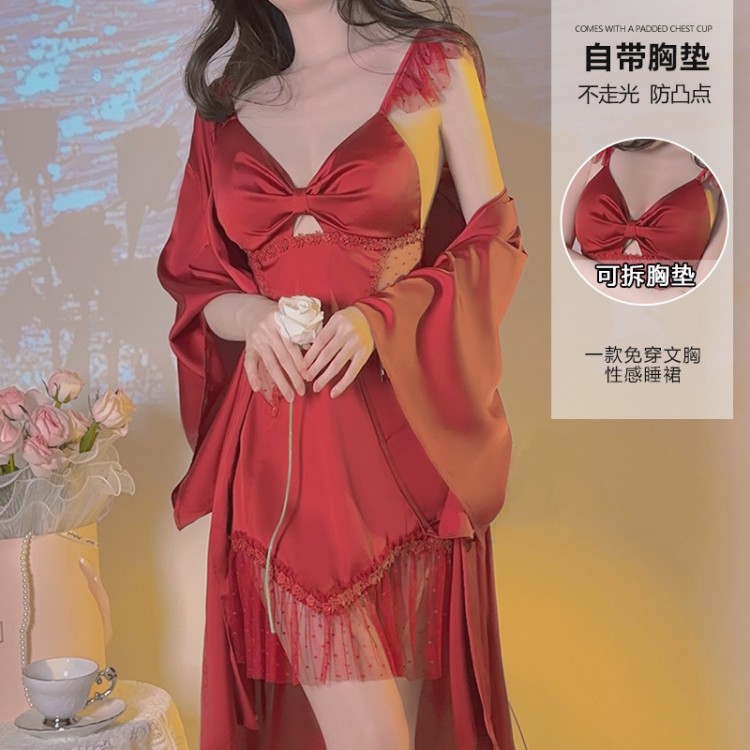 Guiruo Sexy Hollow out Temptation Ice Silk and Chest Cushion Gather Strap Sleeping Dress Simple Outer Robe Home Suit Set 3226