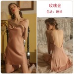 Guiruo Fun Lingerie Sexy Slim Fit Pajamas Open Back Solid Color Hanging Pajama Dress Lace up Outer Robe Women's Home Furnishing Set