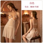 Guiruo Fun Underwear Sexy Mesh Open Back Pajamas Women's Open Breast Steel Ring Suspended Sleeping Dress Home Suit Set 1358