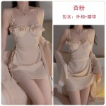 Guiruo Satin Low Chest Gathering with Chest Cushion Sexy Open Back Hollow out Drawstring Nightgown Outer Robe Home Set P3144